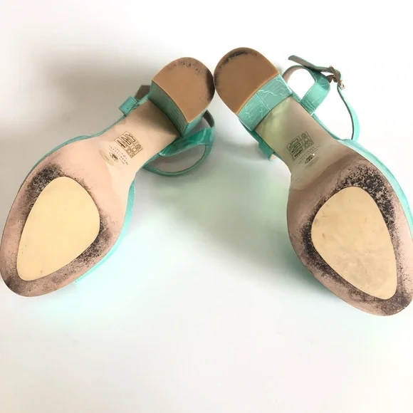 Green Capri Ice Iridescent Soft Crocodile Embossed Platform Heel Block Sandals - Picture 9 of 17